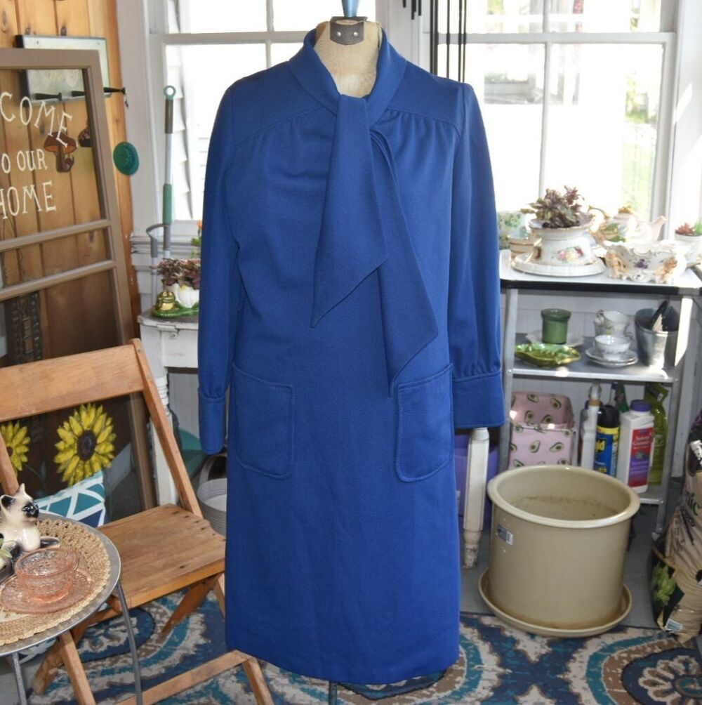 Vintage 60s 70s Ivan Frederic's Blue Poly Secretary Dress L Bow Neck Mod Vtg